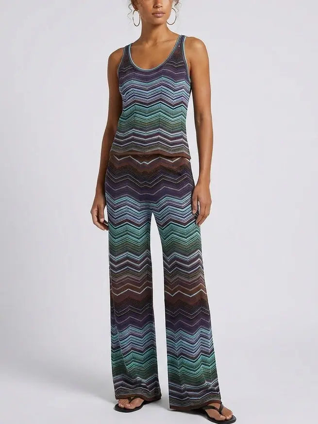 Blue Chevron Stripe Knit Tank and Pant Set - Suits & Sets