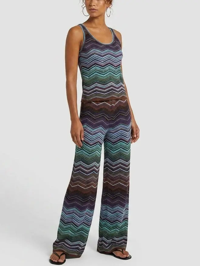 Blue Chevron Stripe Knit Tank and Pant Set - Suits & Sets
