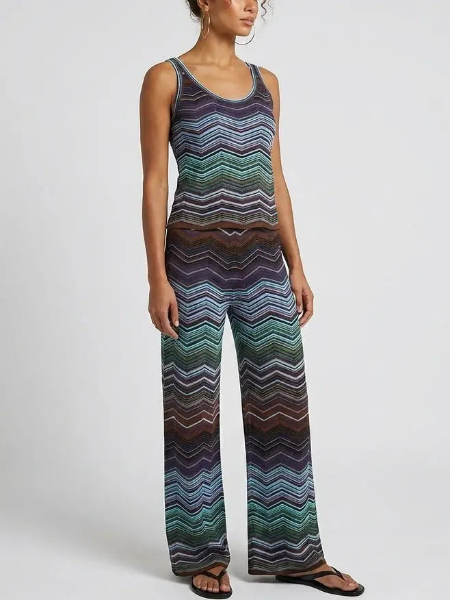 Blue Chevron Stripe Knit Tank and Pant Set - Suits & Sets