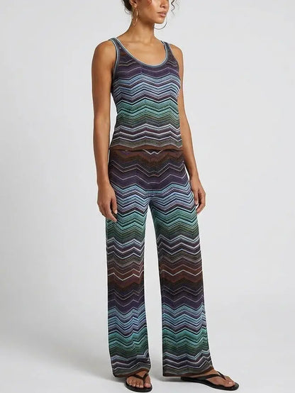 Blue Chevron Stripe Knit Tank and Pant Set - Suits & Sets