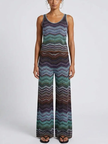 Blue Chevron Stripe Knit Tank and Pant Set - Suits & Sets