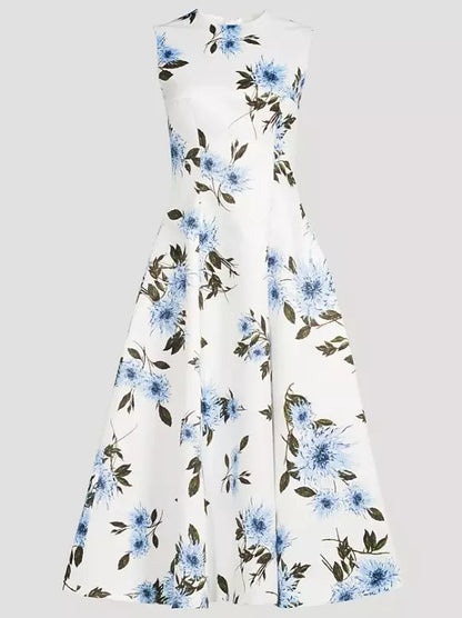 Blue Dahlia Print Taffeta-Faille Dress