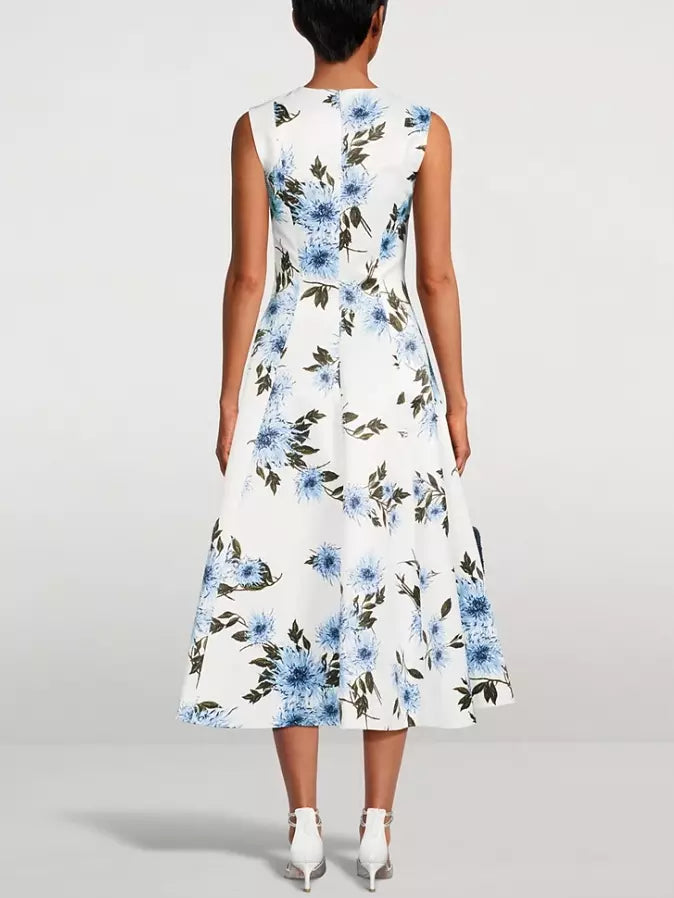 Blue Dahlia Print Taffeta-Faille Dress