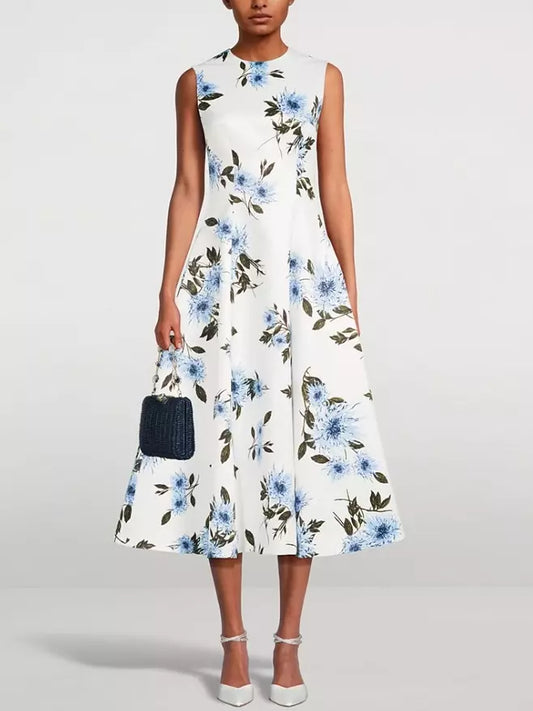 Blue Dahlia Print Taffeta-Faille Dress