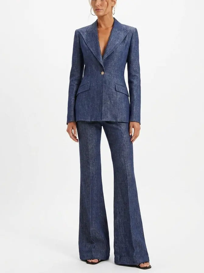 Blue Denim Colored Blazer and Flare Pants Set - Suits & Sets