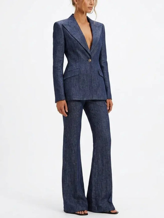 Blue Denim Colored Blazer and Flare Pants Set - Suits & Sets