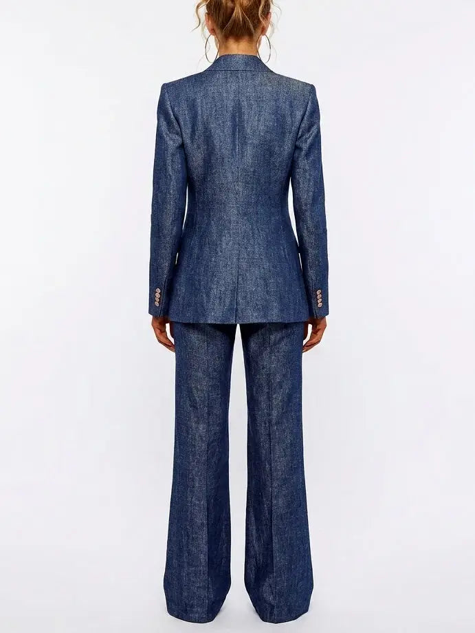Blue Denim Colored Blazer and Flare Pants Set - Suits & Sets