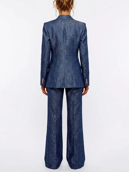 Blue Denim Colored Blazer and Flare Pants Set - Suits & Sets