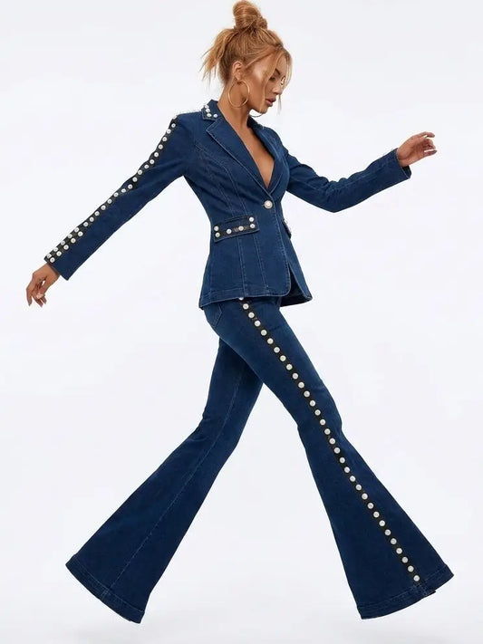 Blue Denim Pearl Embellished Blazer and Flare Jeans Set - Suits & Sets