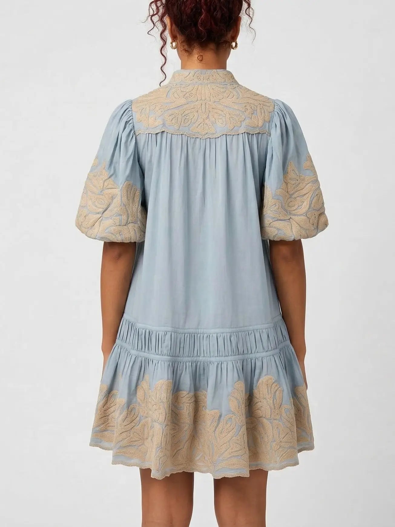 Blue Embroidered Mini Dress with Puff Sleeves - Dresses