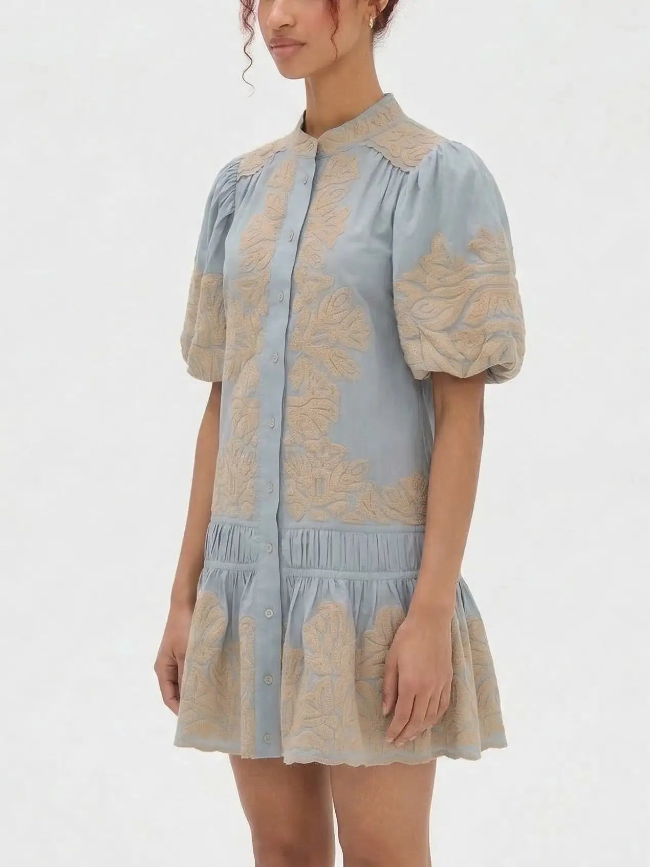 Blue Embroidered Mini Dress with Puff Sleeves - Dresses