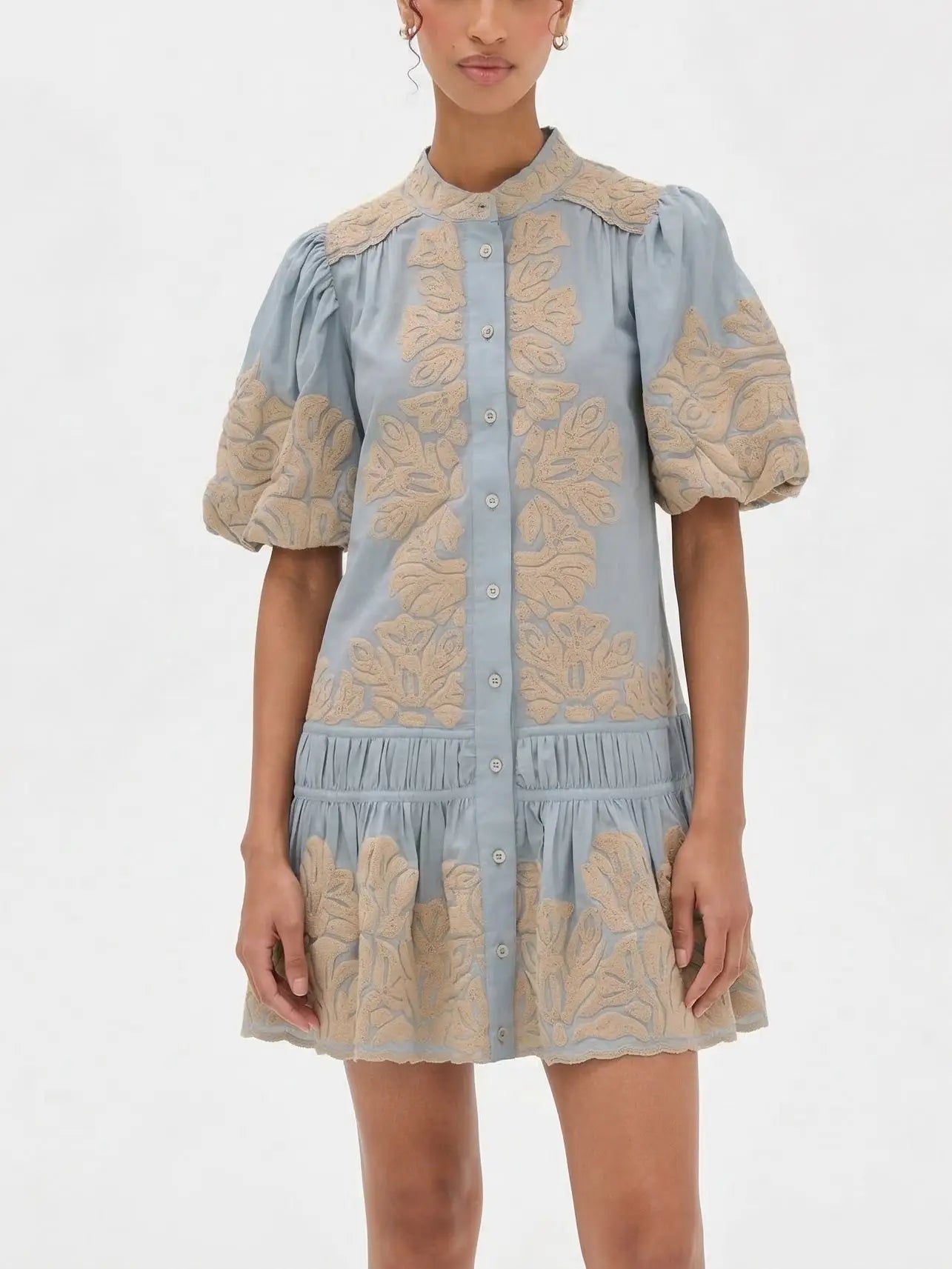 Blue Embroidered Mini Dress with Puff Sleeves - Dresses