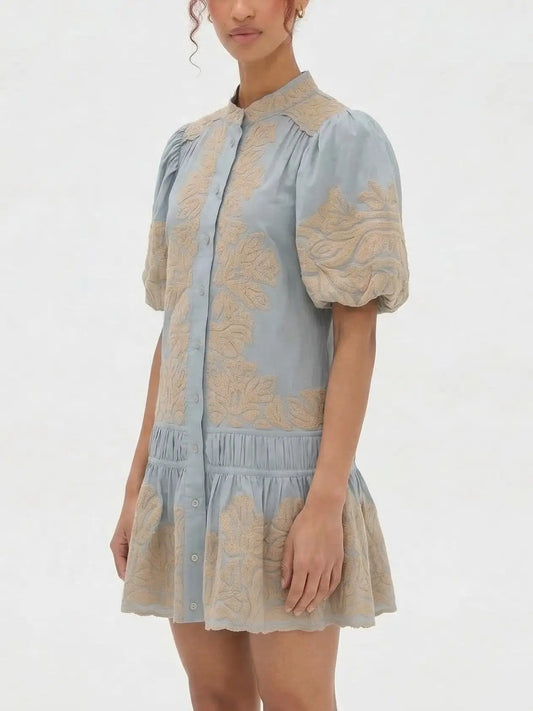 Blue Embroidered Mini Dress with Puff Sleeves - Dresses