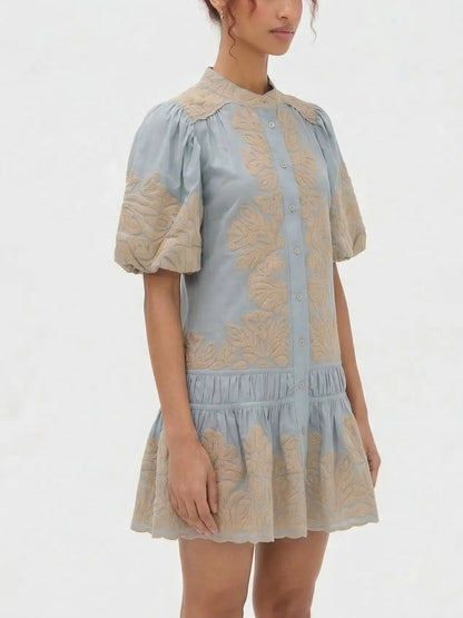 Blue Embroidered Mini Dress with Puff Sleeves - Dresses