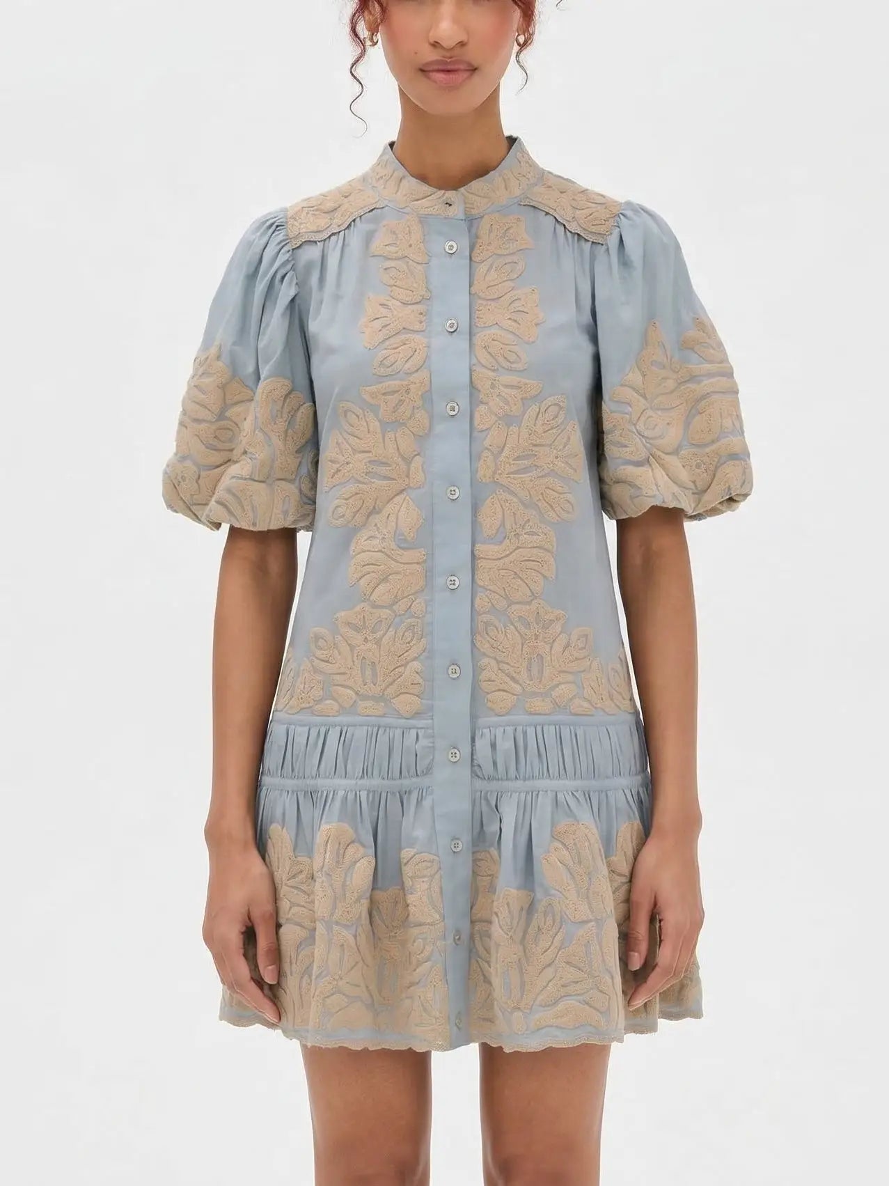 Blue Embroidered Mini Dress with Puff Sleeves - Small - Dresses