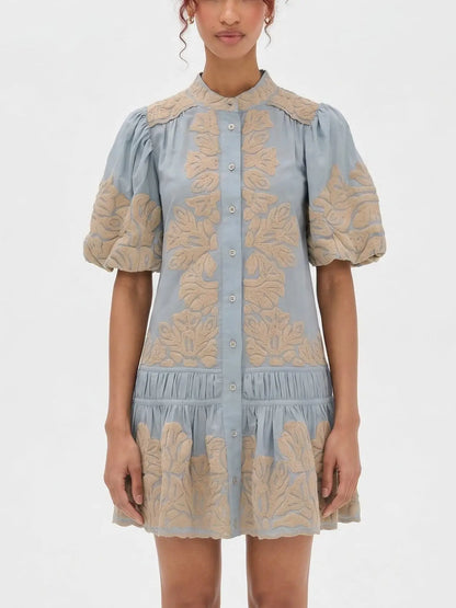 Blue Embroidered Mini Dress with Puff Sleeves - Small - Dresses