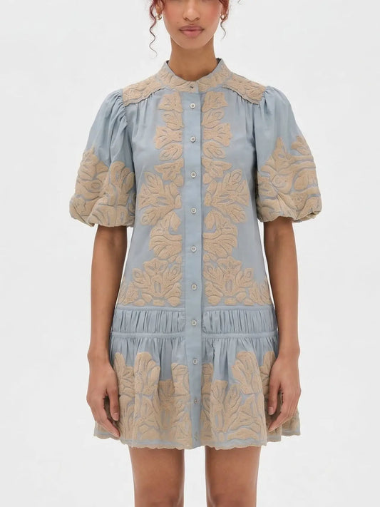 Blue Embroidered Mini Dress with Puff Sleeves - Small - Dresses