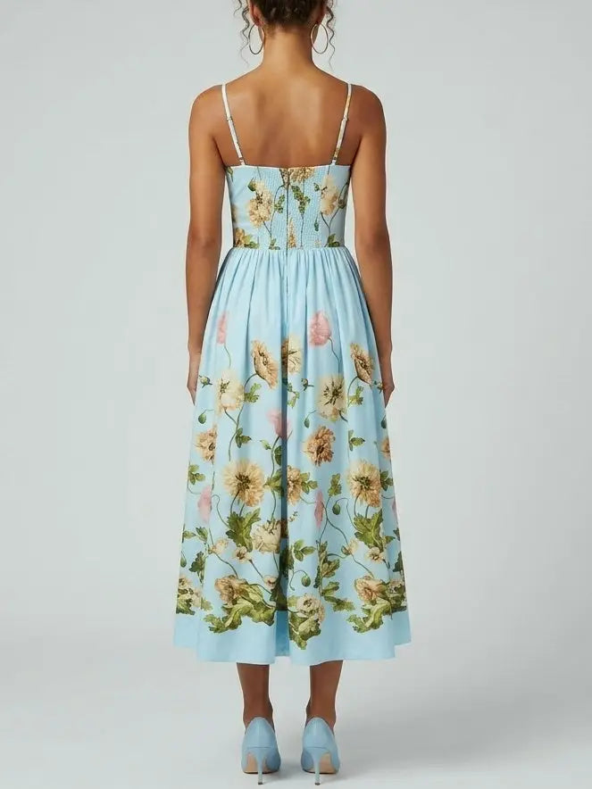Blue Fit and Flare Botanical Print Gathered Midi Dress - Dresses