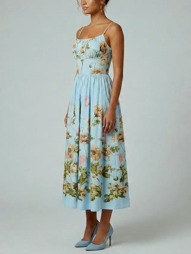 Blue Fit and Flare Botanical Print Gathered Midi Dress - Dresses