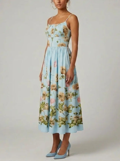 Blue Fit and Flare Botanical Print Gathered Midi Dress - Dresses
