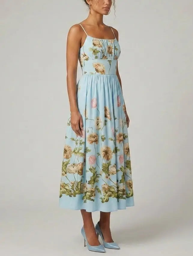 Blue Fit and Flare Botanical Print Gathered Midi Dress - Dresses