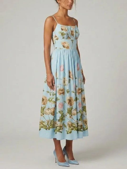 Blue Fit and Flare Botanical Print Gathered Midi Dress - Dresses