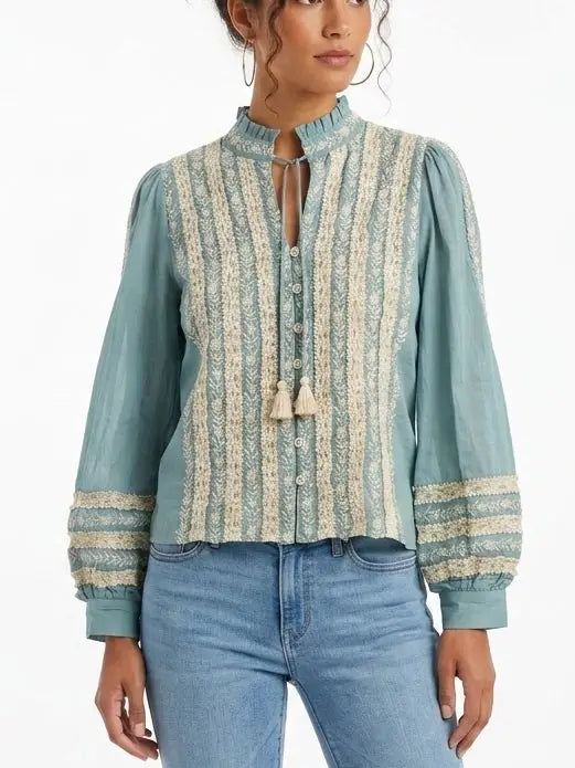 Blue Floral Embroidered Lace Panel Tie-Neck Blouse - Tops