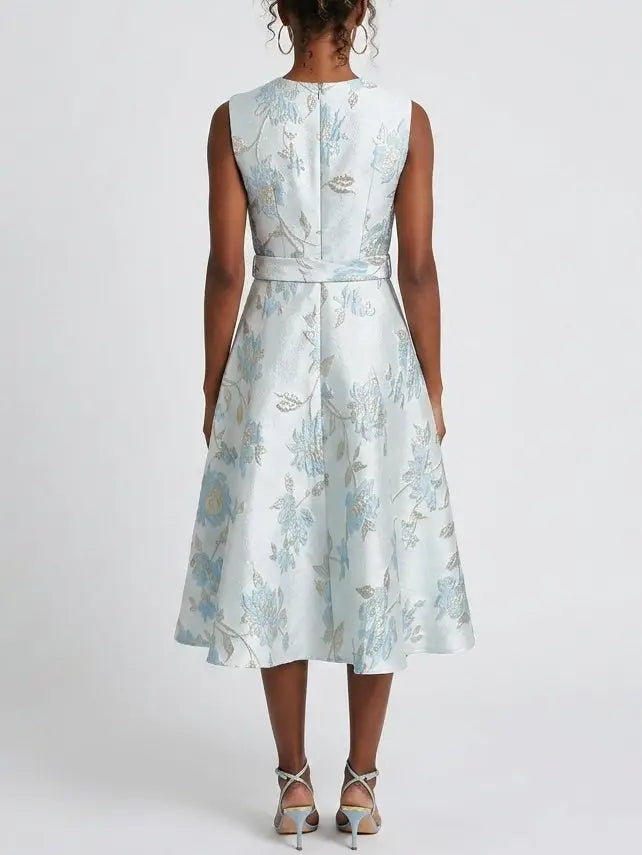 Blue Floral Jacquard A-Line Midi Dress with Tie Belt - Dresses