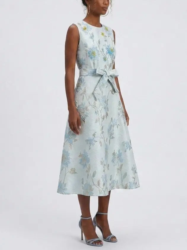 Blue Floral Jacquard A-Line Midi Dress with Tie Belt - Dresses