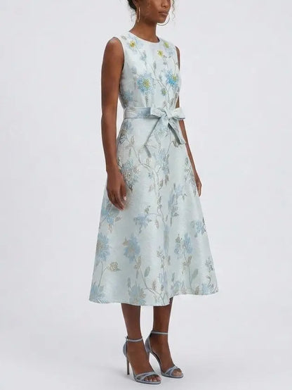 Blue Floral Jacquard A-Line Midi Dress with Tie Belt - Dresses