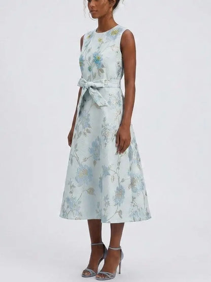 Blue Floral Jacquard A-Line Midi Dress with Tie Belt - Dresses