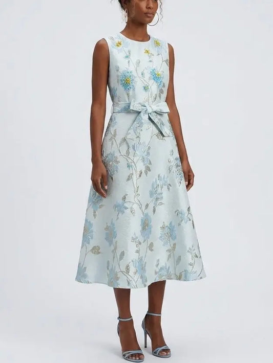 Blue Floral Jacquard A-Line Midi Dress with Tie Belt - Dresses