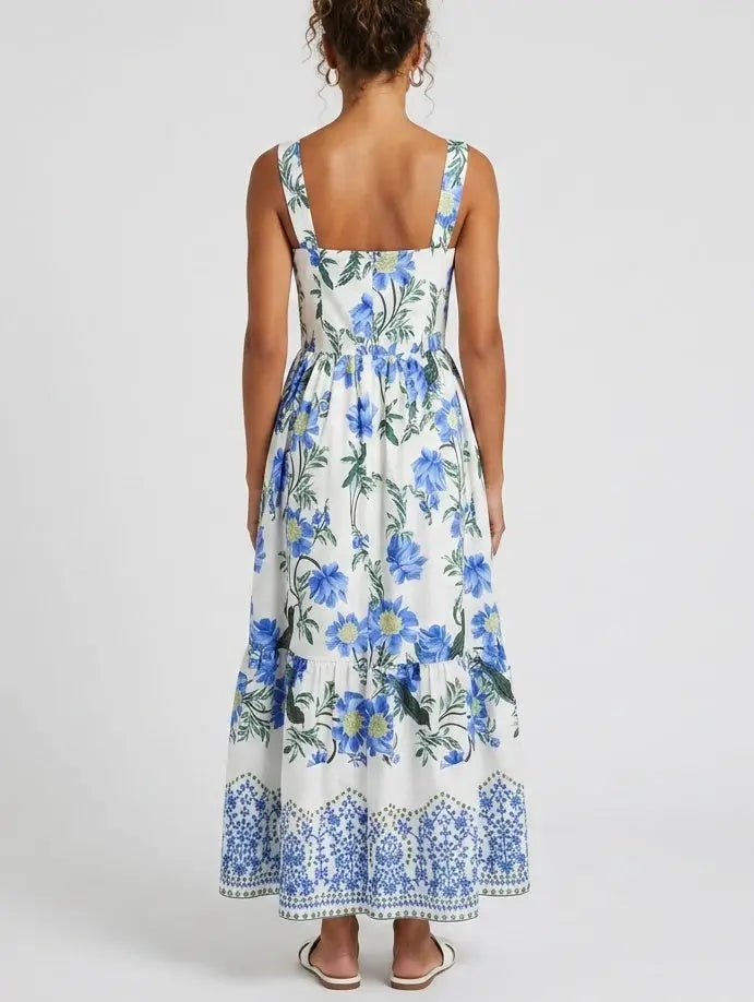Blue Dahlia Print Taffeta-Faille Dress - Dresses