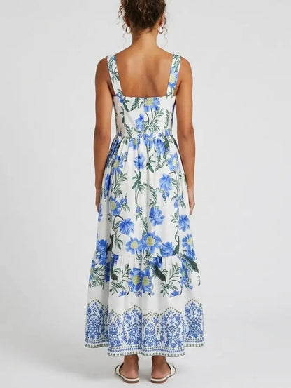 Blue Dahlia Print Taffeta-Faille Dress - Dresses