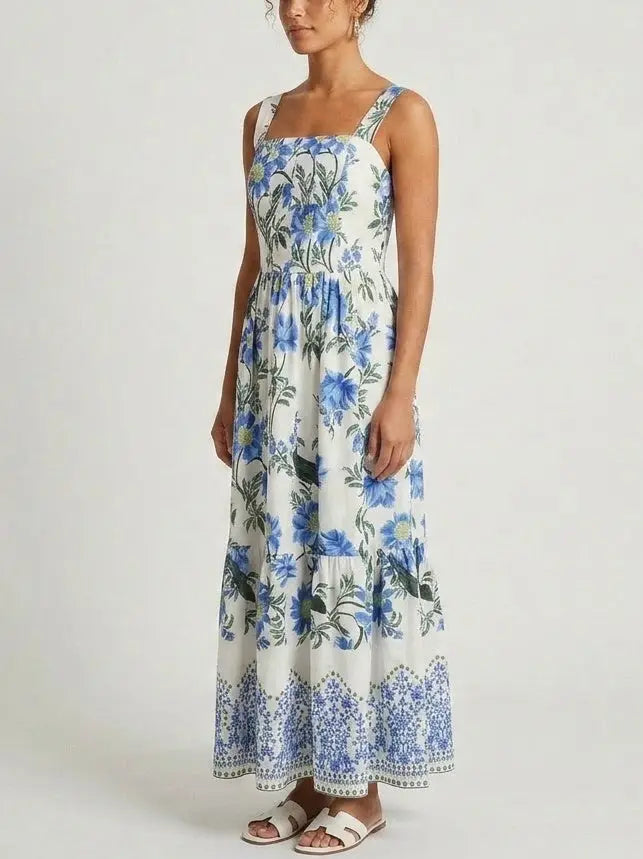 Blue Dahlia Print Taffeta-Faille Dress - Dresses