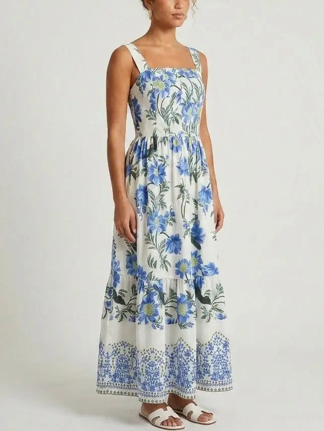 Blue Dahlia Print Taffeta-Faille Dress - Dresses