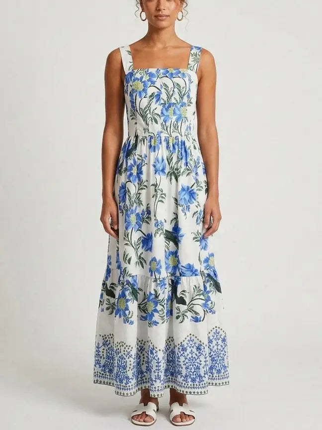 Blue Dahlia Print Taffeta-Faille Dress - Dresses