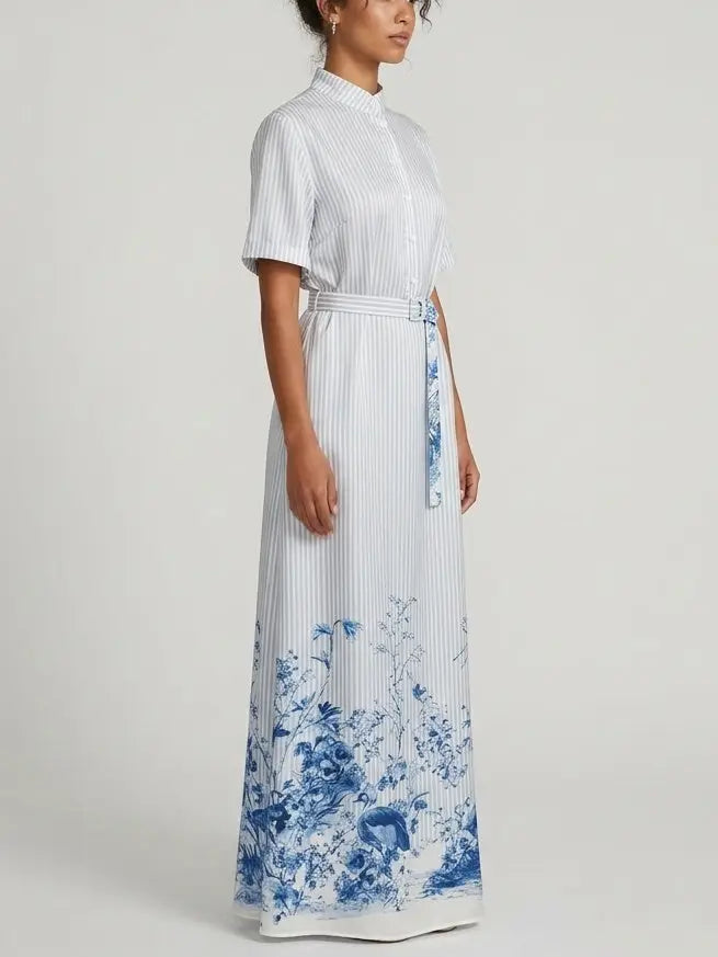 Blue Floral Print Striped Belted Silk Shirt Maxi Dress - Dresses