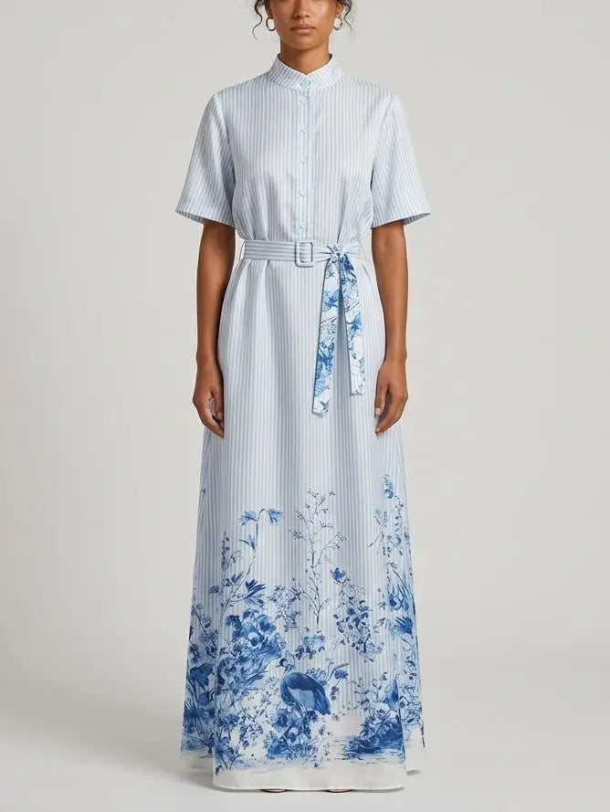Blue Floral Print Striped Belted Silk Shirt Maxi Dress - Dresses