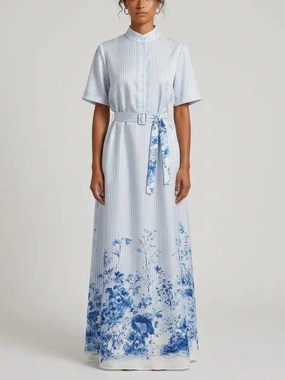 Blue Floral Print Striped Belted Silk Shirt Maxi Dress - Dresses
