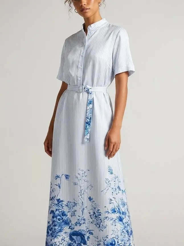 Blue Floral Print Striped Belted Silk Shirt Maxi Dress - Dresses