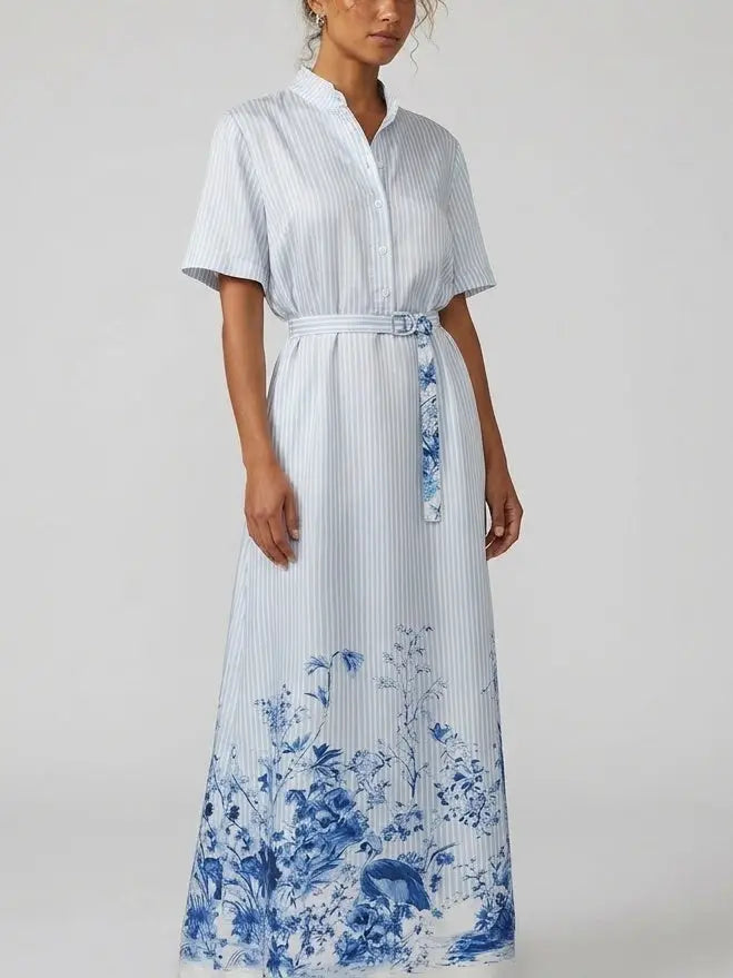 Blue Floral Print Striped Belted Silk Shirt Maxi Dress - Dresses