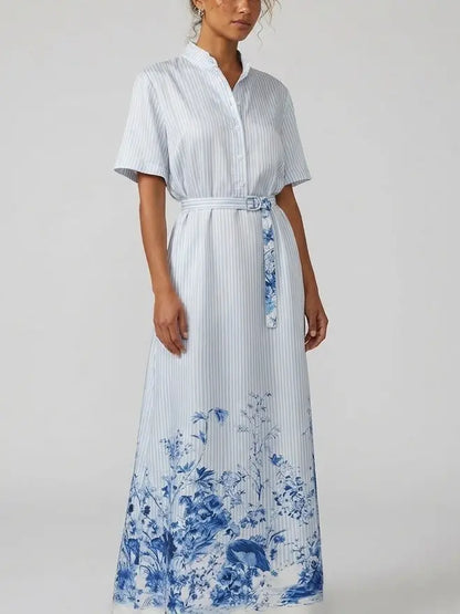 Blue Floral Print Striped Belted Silk Shirt Maxi Dress - Dresses