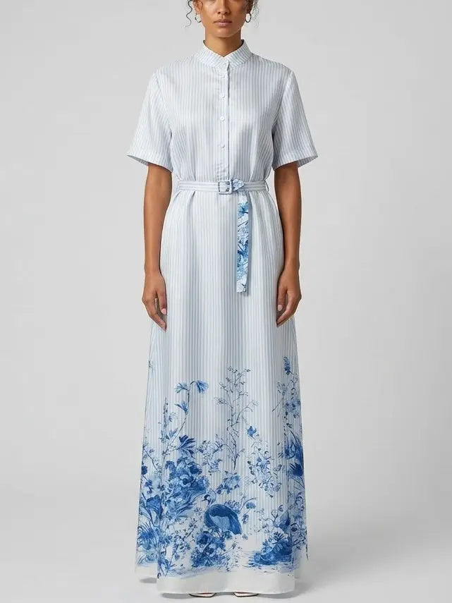 Blue Floral Print Striped Belted Silk Shirt Maxi Dress - Dresses