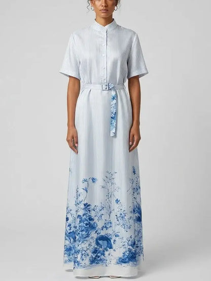 Blue Floral Print Striped Belted Silk Shirt Maxi Dress - Dresses