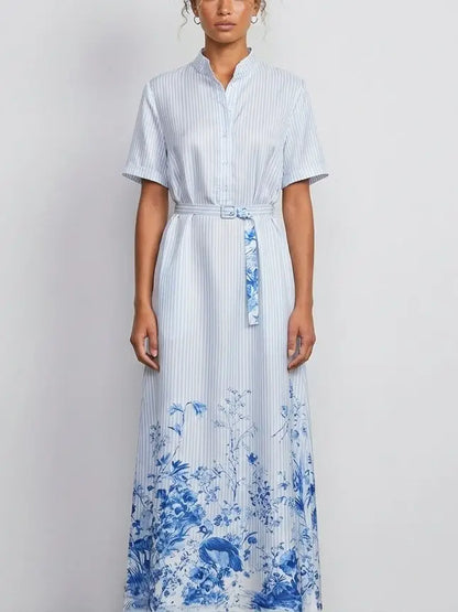 Blue Floral Print Striped Belted Silk Shirt Maxi Dress - Dresses