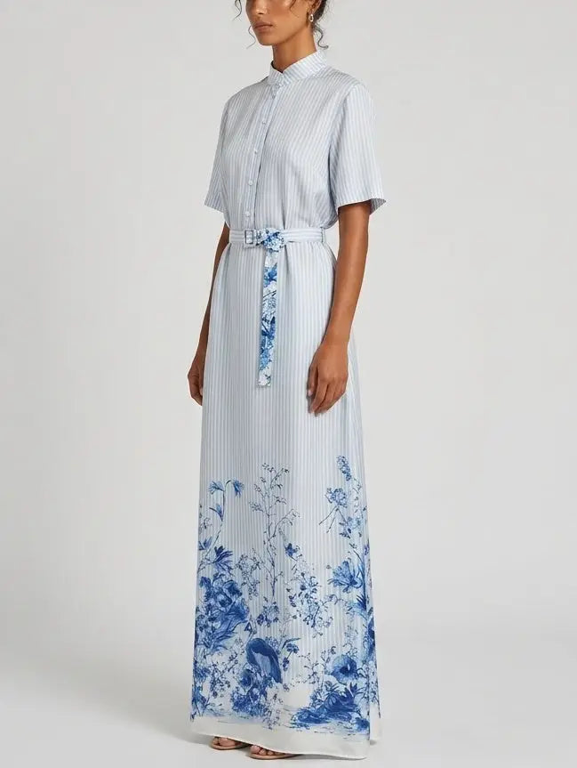 Blue Floral Print Striped Belted Silk Shirt Maxi Dress - Dresses