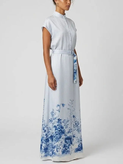 Blue Floral Print Striped Belted Silk Shirt Maxi Dress - Dresses
