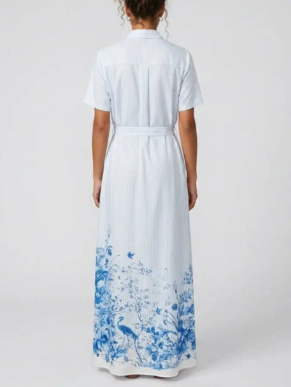 Blue Floral Print Striped Belted Silk Shirt Maxi Dress - Dresses