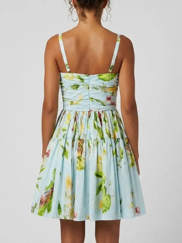Blue Floral Ruched Bodice Tiered Cotton Mini Dress - Dresses